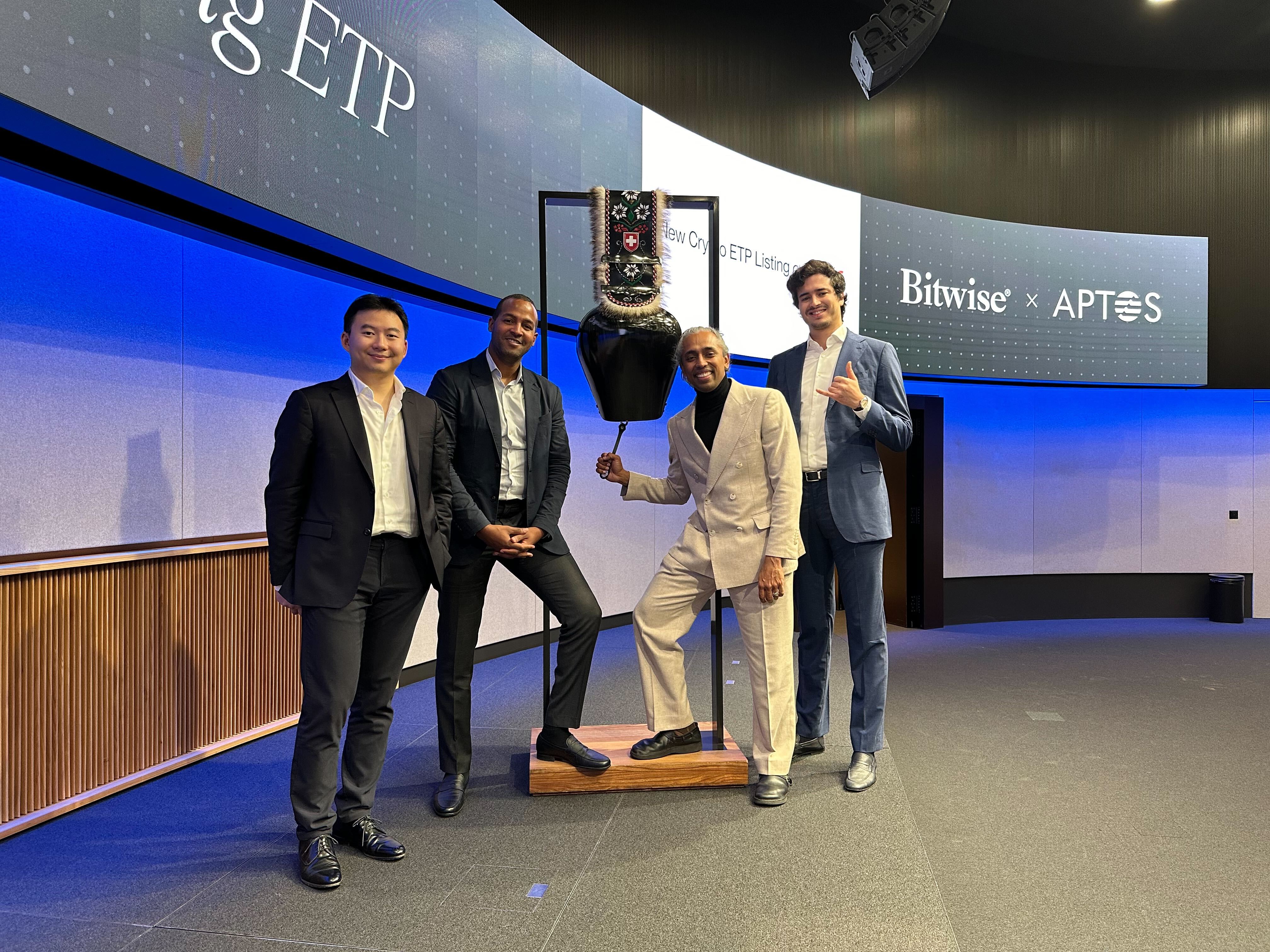 Bashar Lazaar, Head of Grants and Ecosystem at Aptos Foundation, with Mo Shaikh, Co-Founder and CEO of Aptos Labs, a key Aptos ecosystem contributor. Celebrating the official listing of the Bitwise Aptos Staking ETP at Six Swiss Exchange. Photo of bell ringing ceremony at Six Swiss Exchange