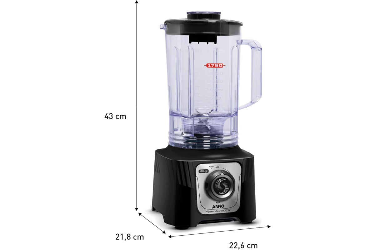 Liquidificador Arno Powermax 1400W LN65 Preto, com 6 Lâminas Powelix Pro, 3,1L de Capacidade, Tecnologia Comfort Control e Design Arno, 110V