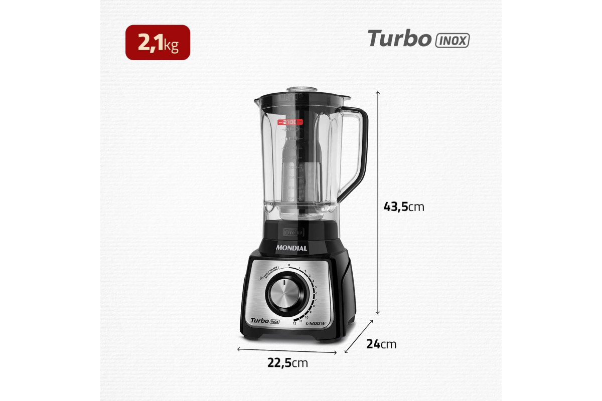Liquidificador Turbo, Mondial, Preto/Inox, 1200W, 110V - L-1200 BI