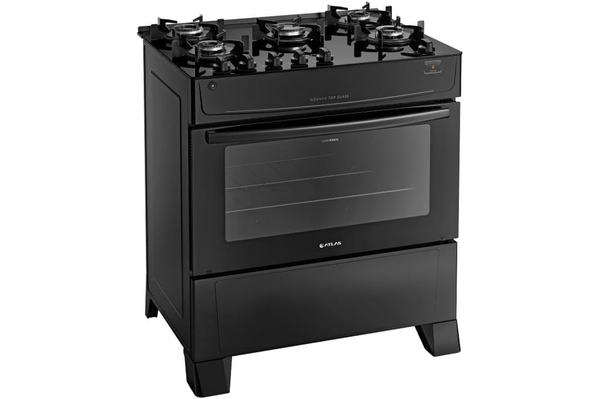 Fogão Atlas 5 Bocas preto Mônaco Top Glass com Acendimento automático - Bivolt