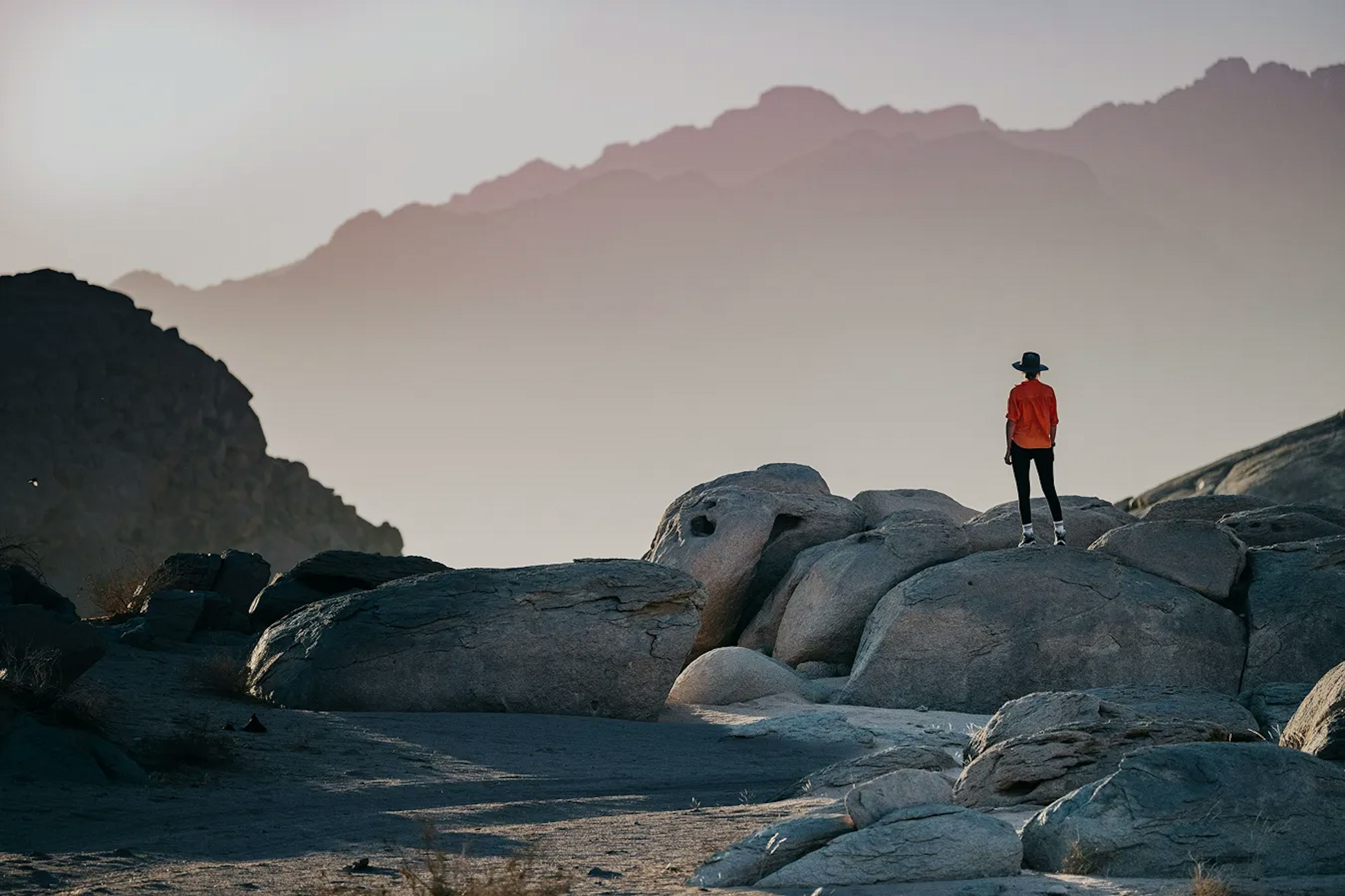 Person among rocks, gazing at the horizon.
