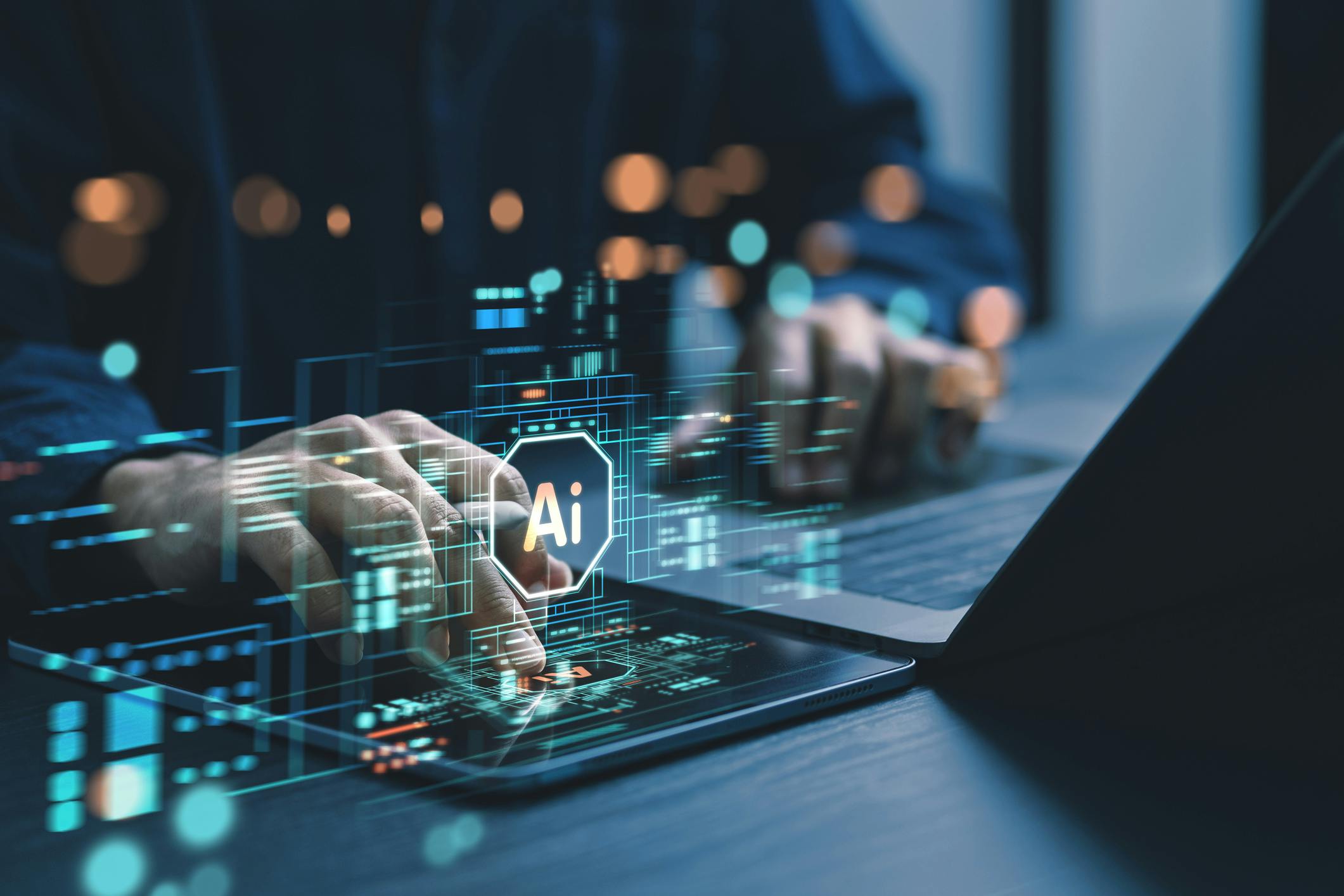 Man using laptop with AI concept