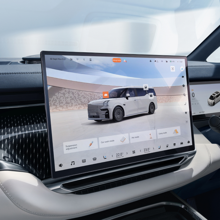 Close-up of the 15.05-inch OLED central touchscreen in the Zeekr 009, showcasing its high-resolution interface and advanced controls for vehicle settings, climate, and multimedia features.