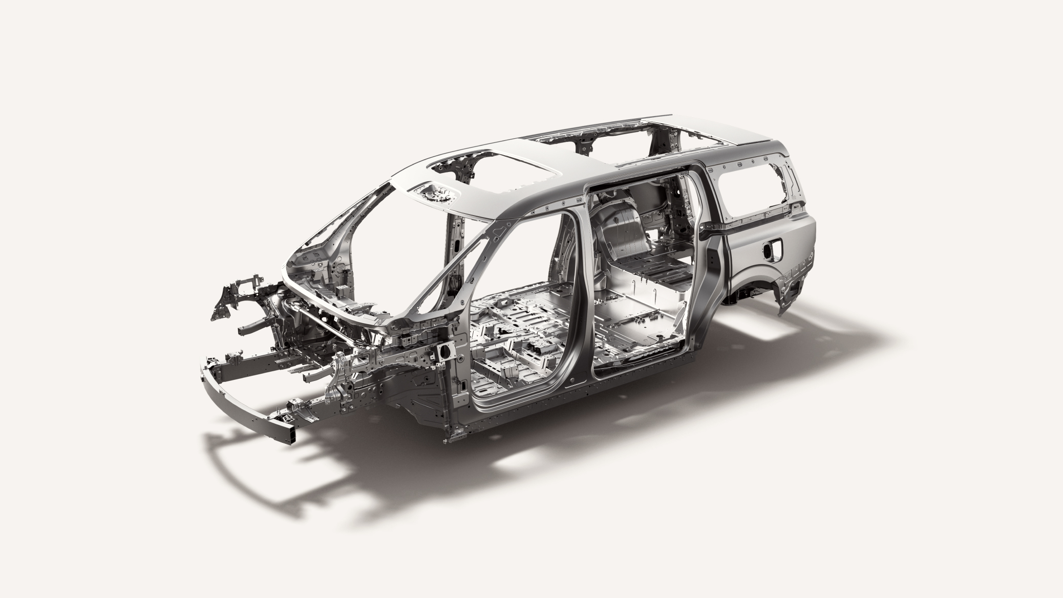 Detailed view of the Zeekr 009’s single-piece aluminium frame, highlighting its lightweight construction, high rigidity, and advanced engineering for improved safety, durability, and energy efficiency.