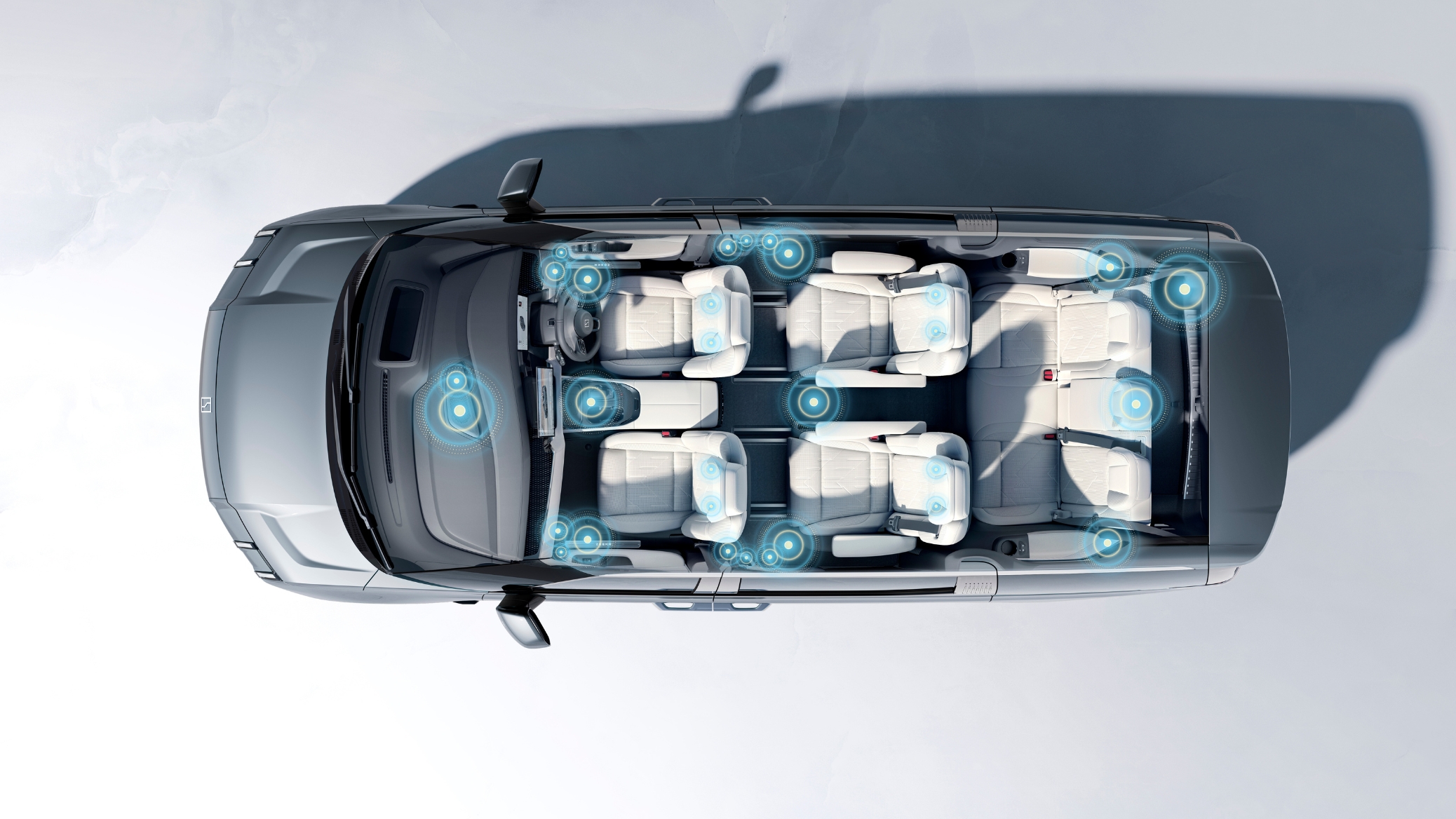 Top-down view of the Zeekr 009 interior highlighting the 30 YAMAHA speakers strategically placed for immersive surround sound.