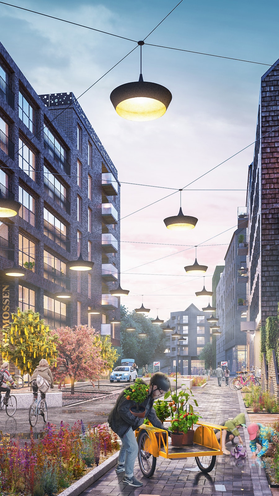 Södra Änggården Visionsbild i skymning för Södra Änggårdens bostadsområden.