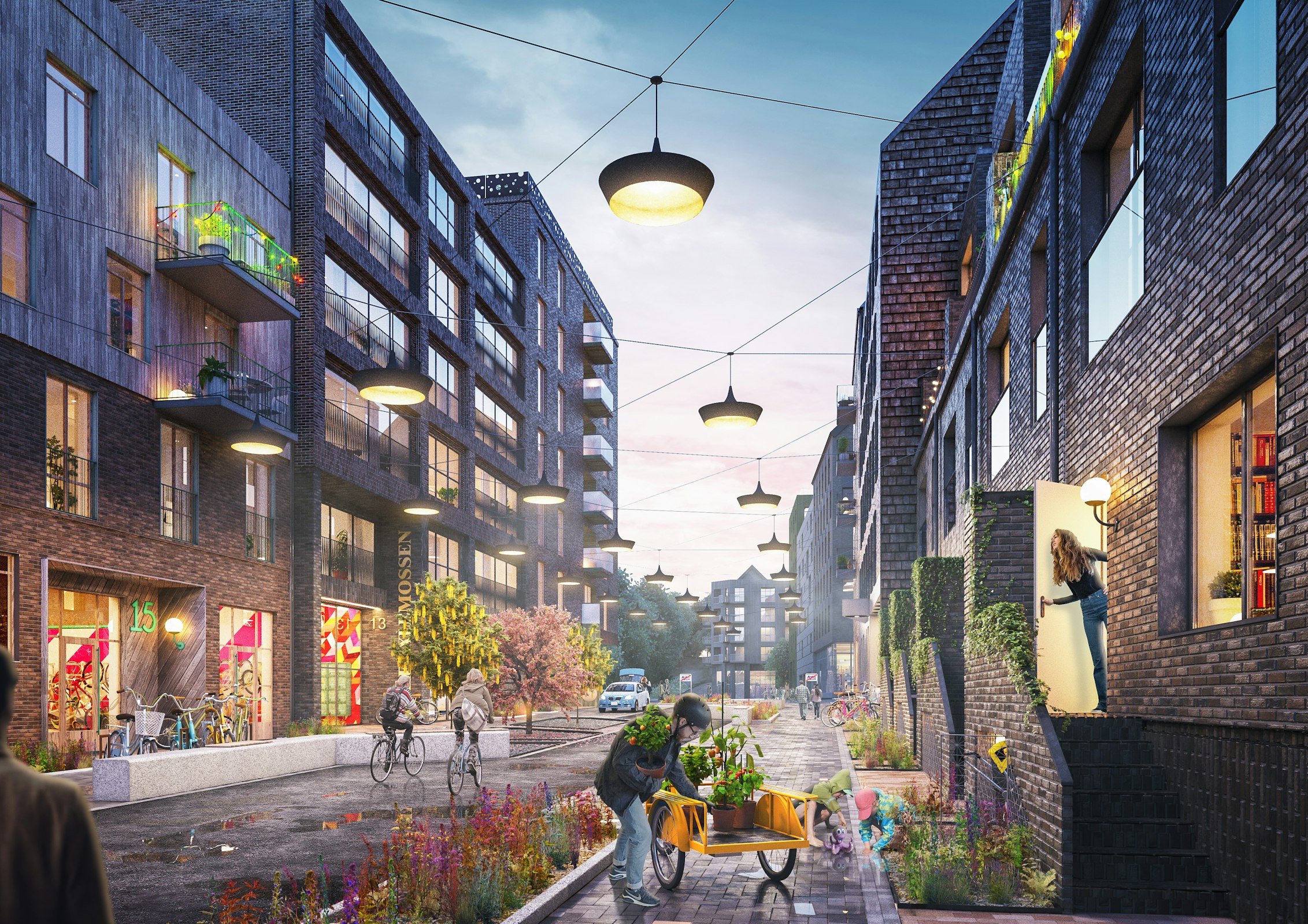 Visionsbild i skymning för Södra Änggårdens bostadsområden.