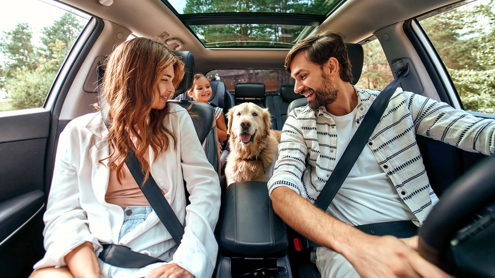 Family and dog in car