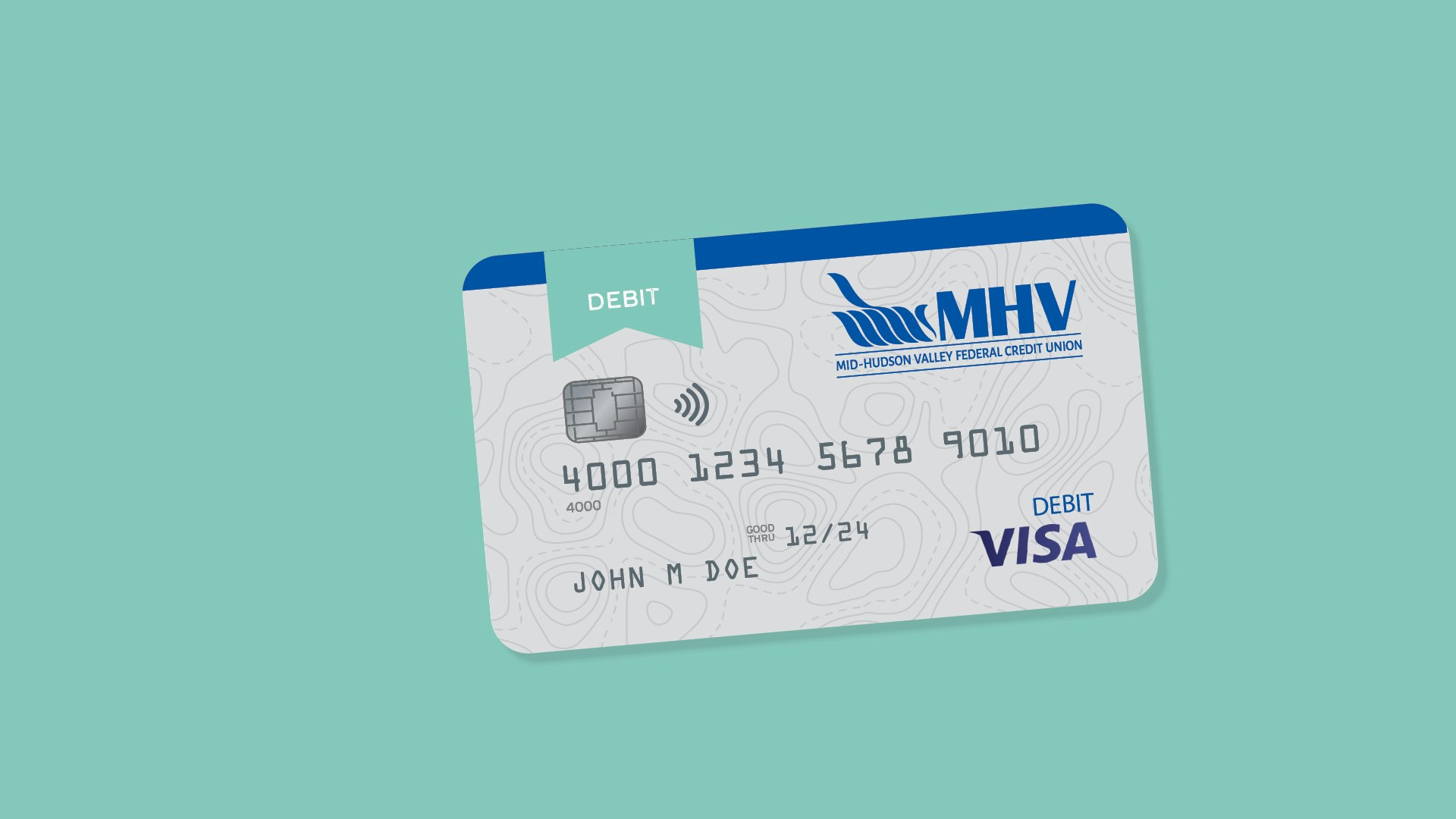 MHV debit card on seafoam background