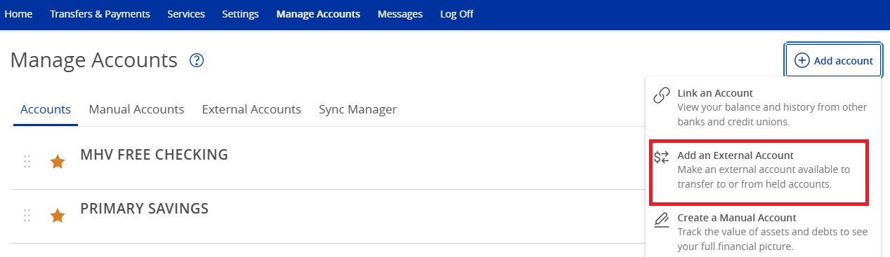 Manage accounts screen