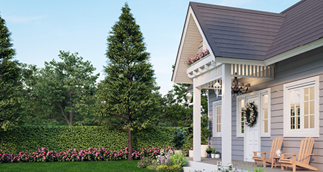 Gray house on manicured lawn