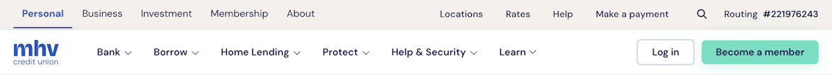 The new website navigation, with Personal, Business, and Investment tabs and a Log In button