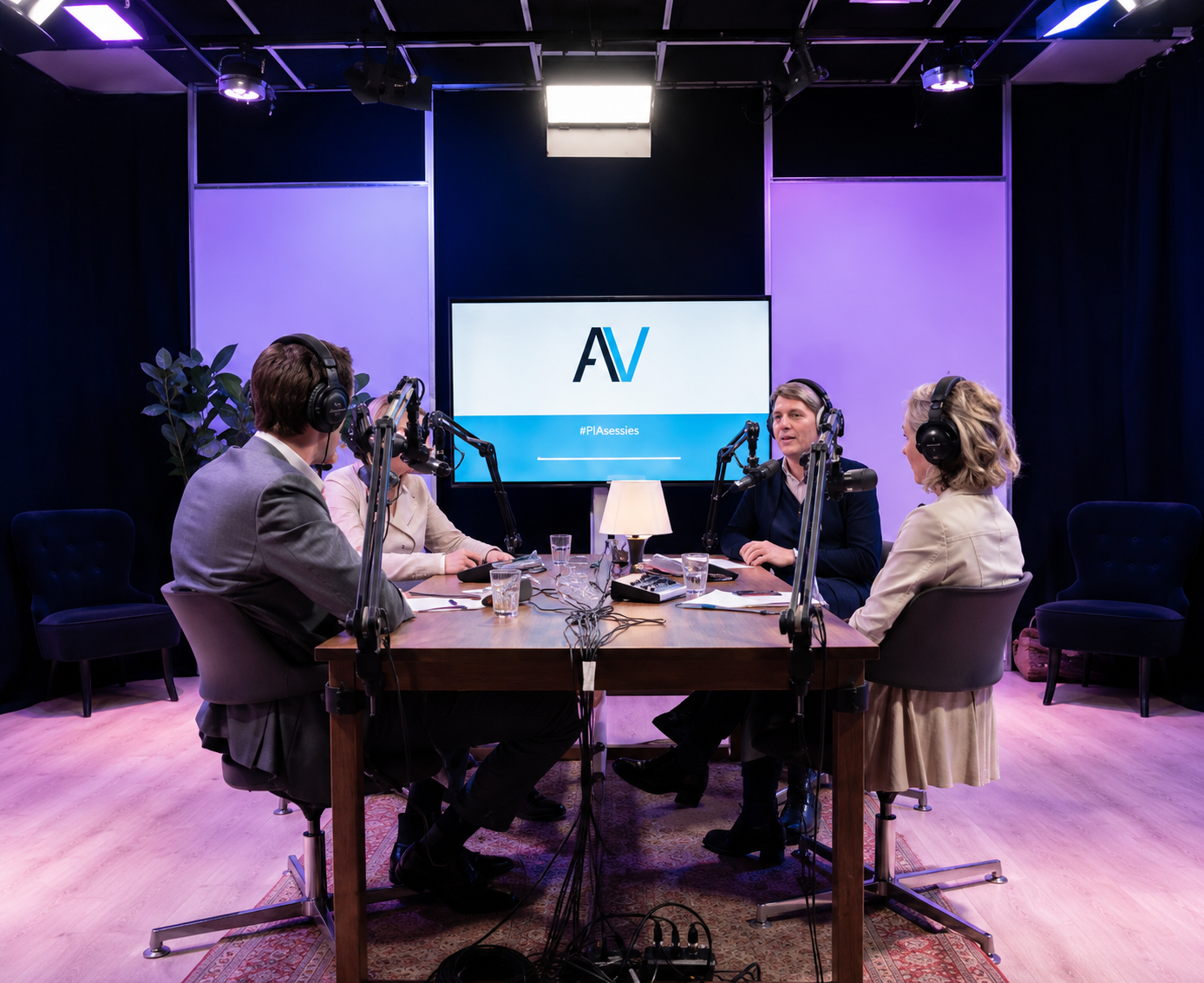 Podcast studio met vier mensen aan tafel tijdens de opname