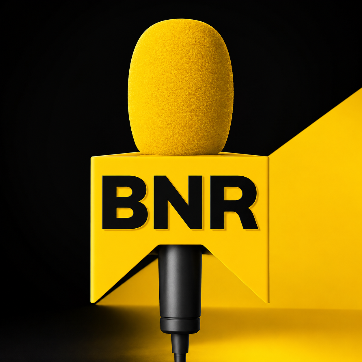 Gele microfoon met BNR logo erop