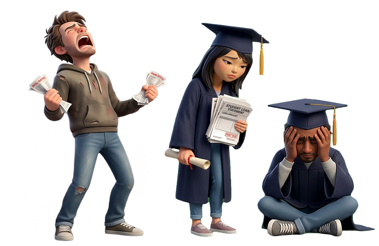 A man holding past-due bills and two graduates holding student loan statements, all stressed about debt