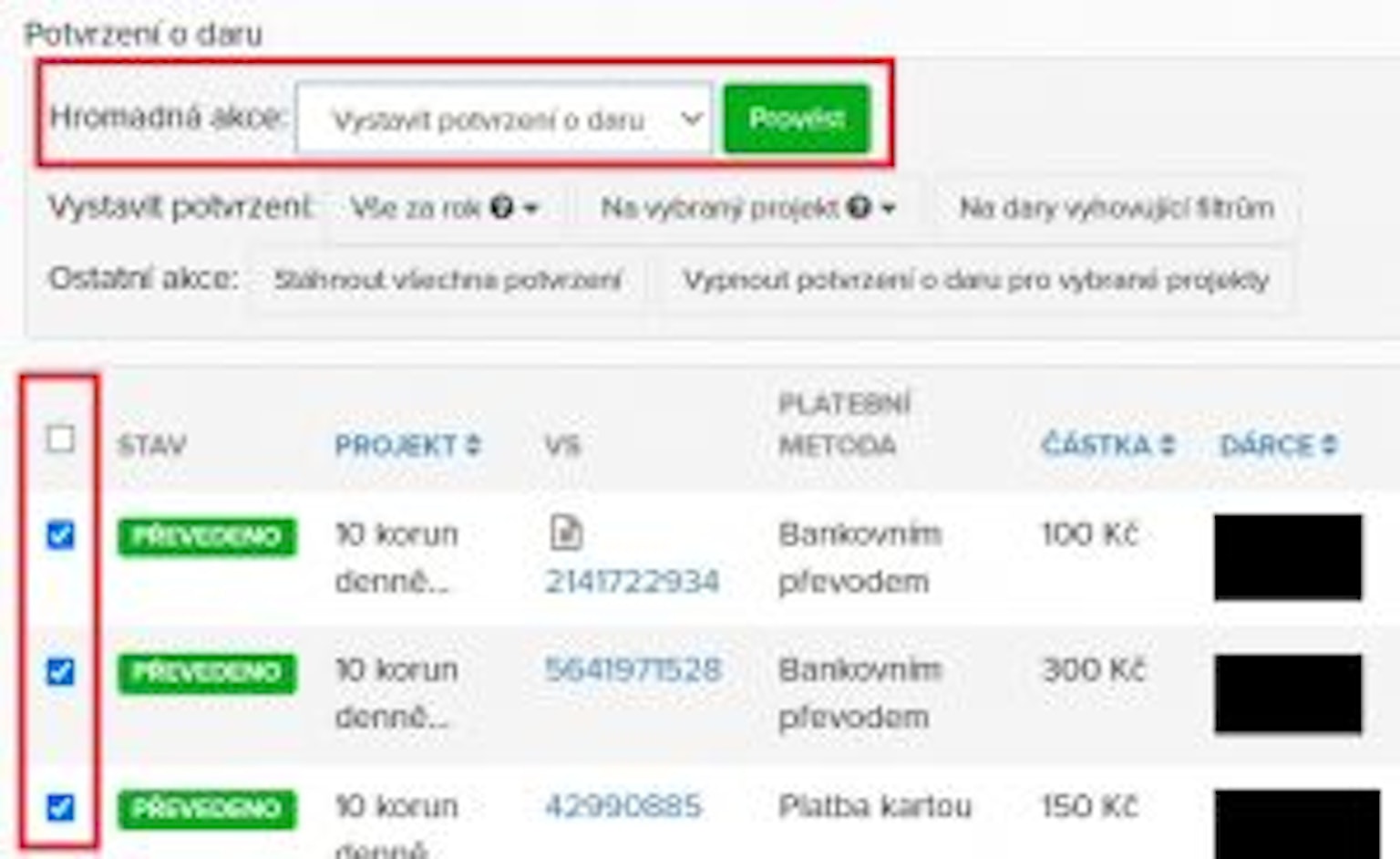 Potvrzení o daru jednoduše přes Darujme.cz