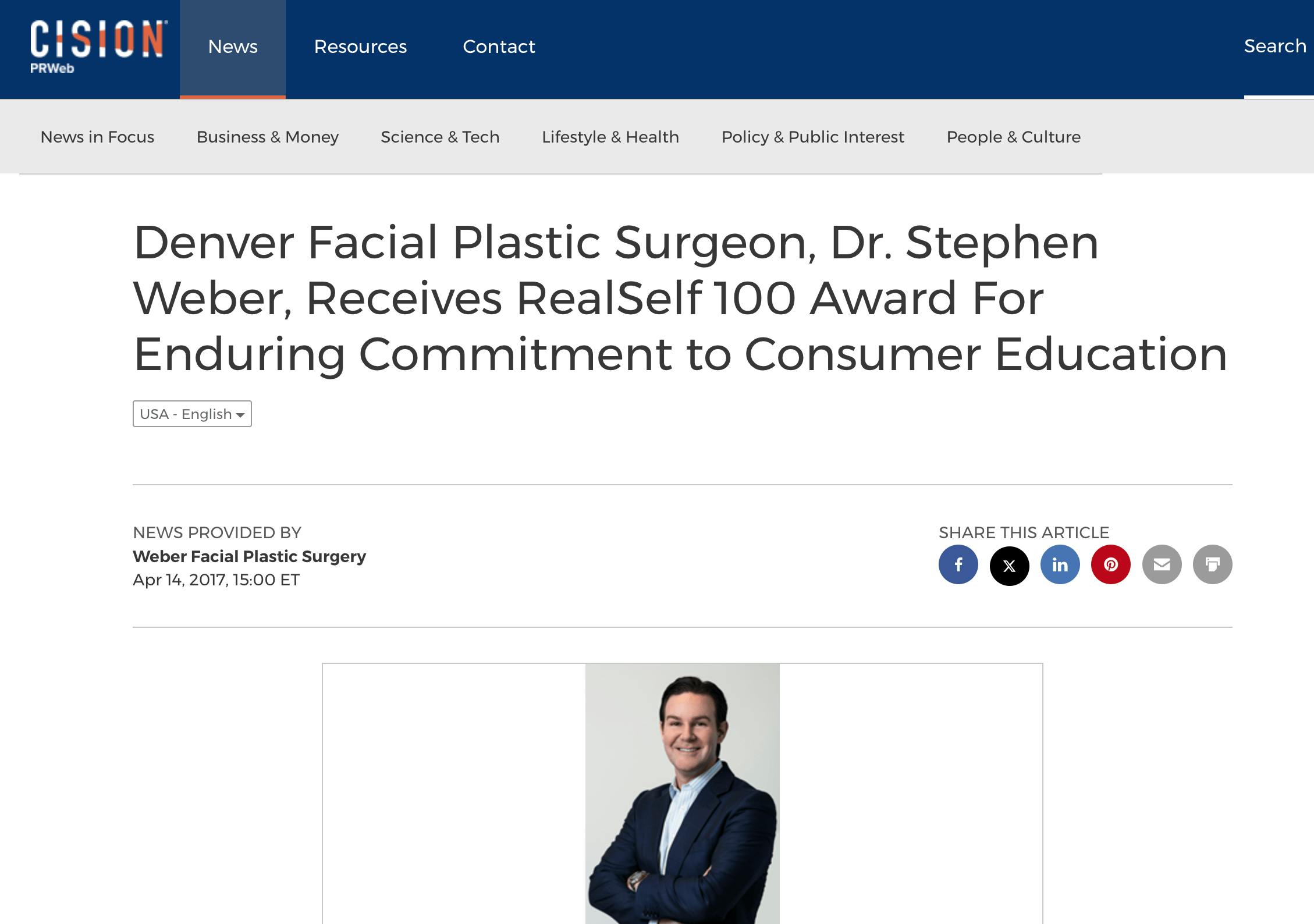 “Denver Facial Plastic Surgeon, Dr. Stephen Weber, Receives RealSelf 100 Award For Enduring Commitment to Consumer Education” on PRWeb.