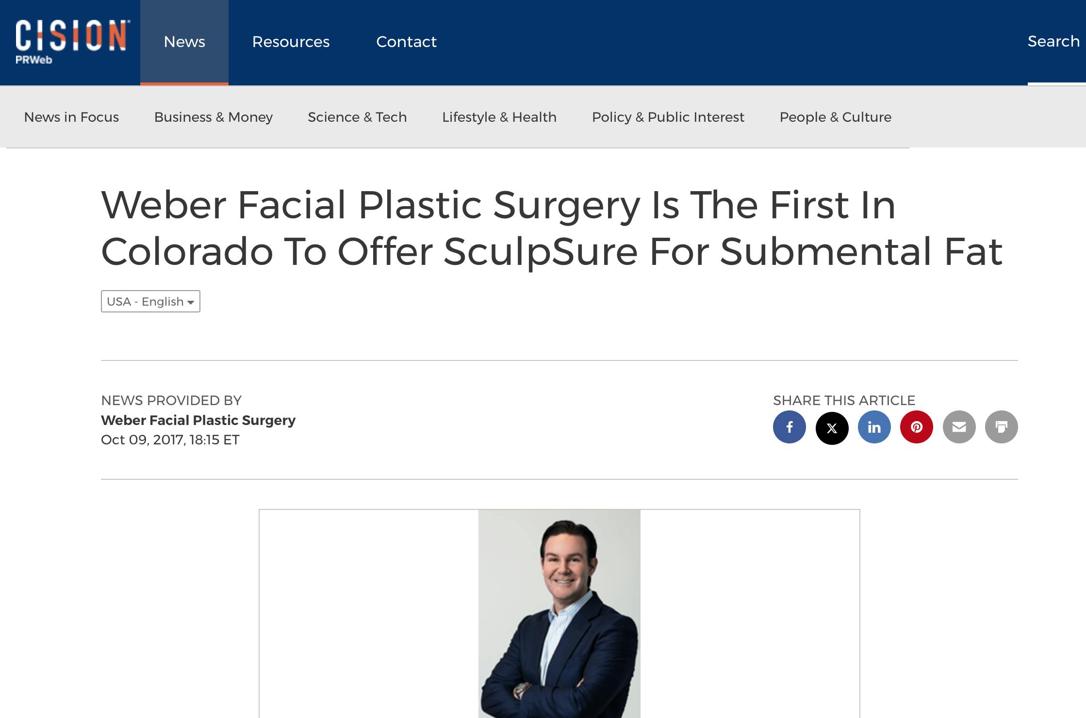 “Weber Facial Plastic Surgery Is The First In Colorado To Offer SculpSure For Submental Fat,” featured on PRWeb.