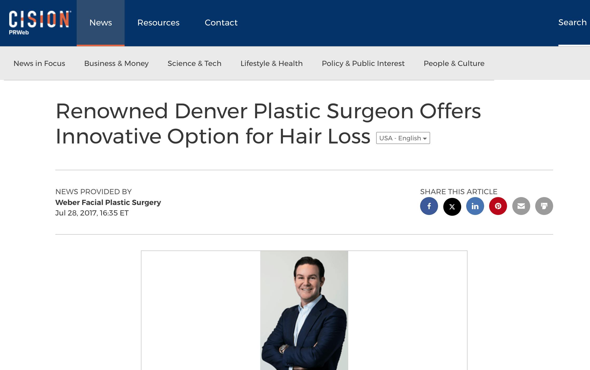 “Renowned Denver Plastic Surgeon Offers Innovative Option for Hair Loss” PRWeb features Dr. Stephen Weber.