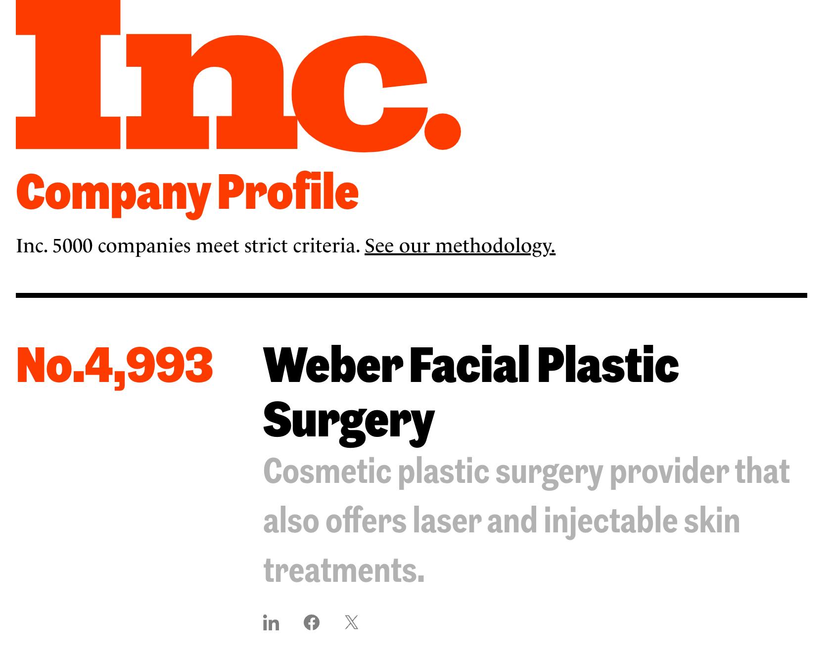 Inc. 5000 list: “Introducing the 5,000 Fastest-Growing Private Companies in America” features Weber Facial Plastic Surgery for the second year in a row.