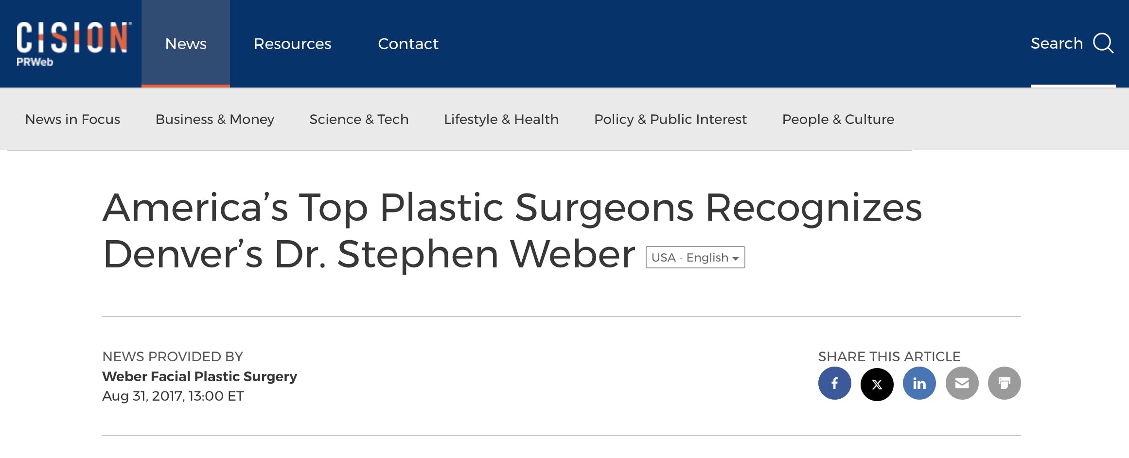 “America’s Top Plastic Surgeons Recognizes Denver’s Dr. Stephen Weber” on Cision PRWeb.