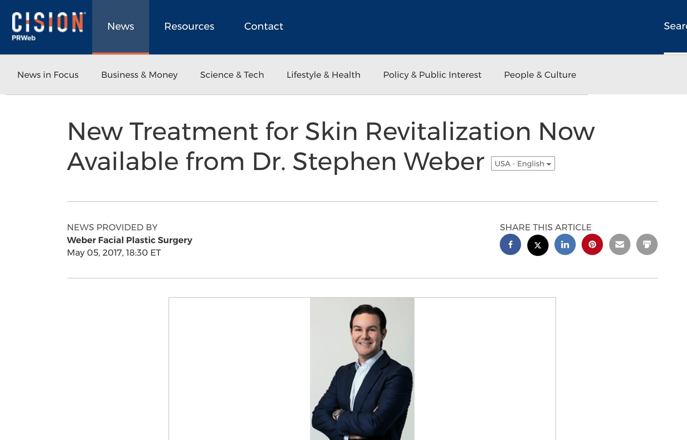 Cision PRWeb features Dr. Stephen Weber “New Treatment for Skin Revitalization Now Available from Dr. Stephen Weber.”