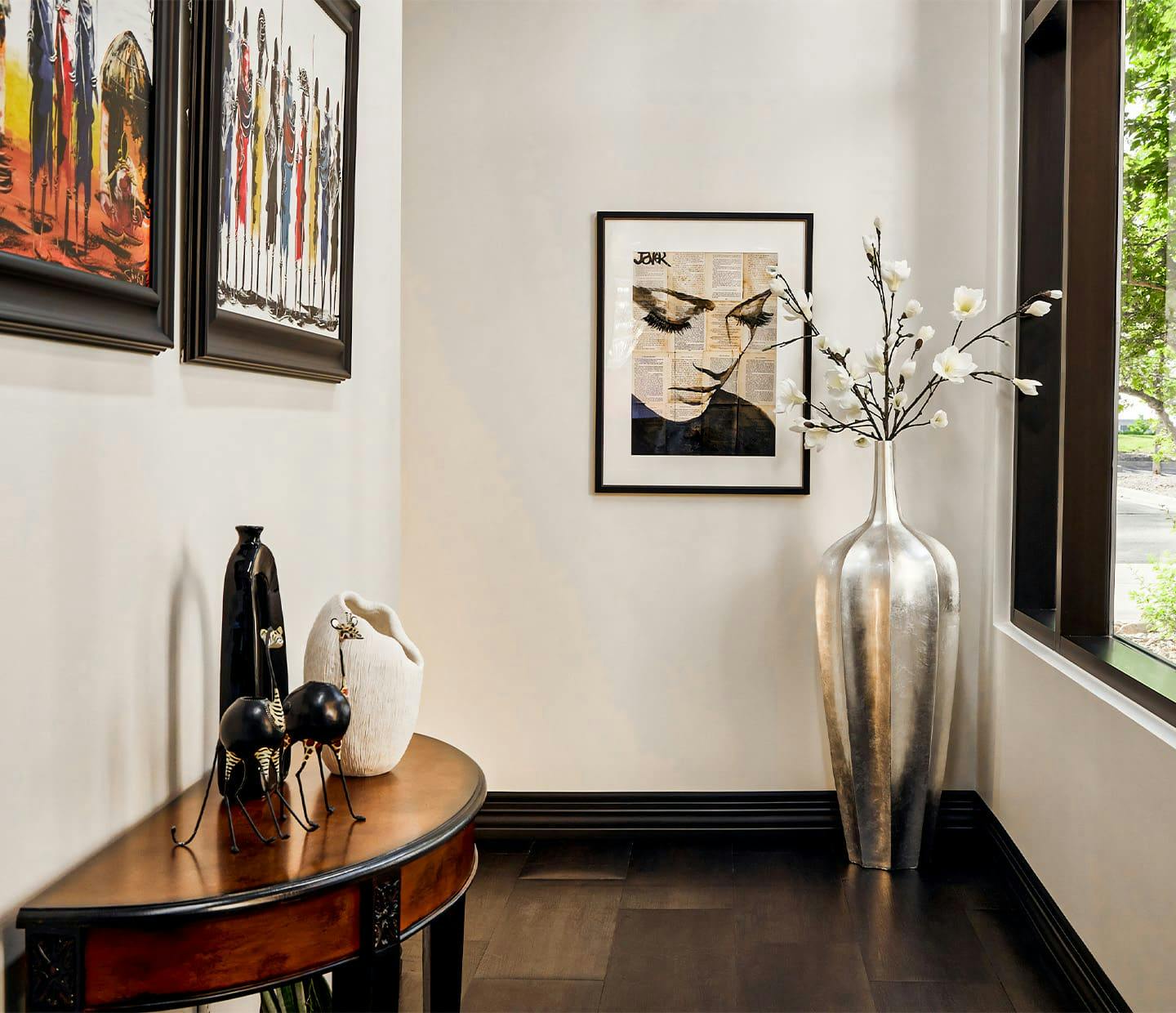 Paintings vases and a table