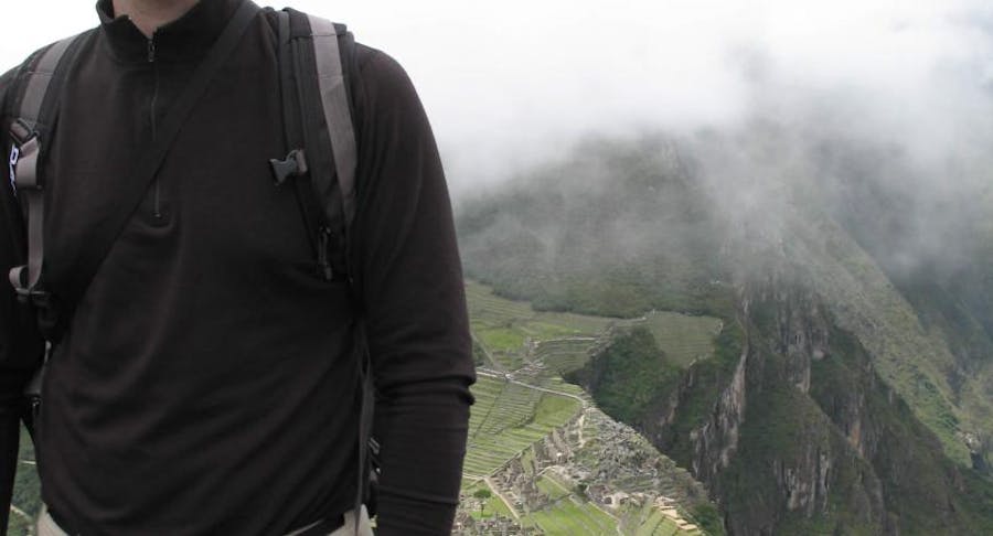 close up of body with mountain in the background