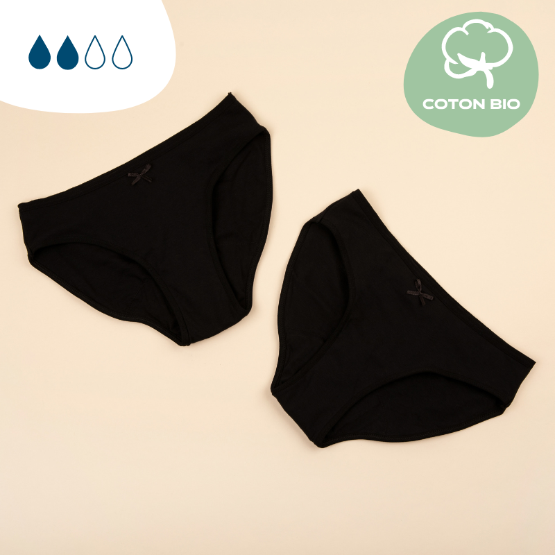 Culotte menstruelle noire flux moyen lot de 2