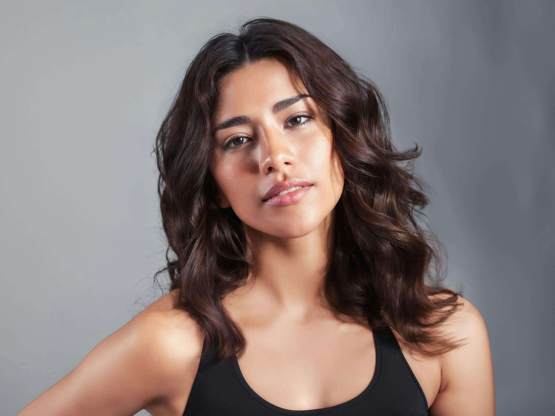 woman with fluffy, wavy brown hair
