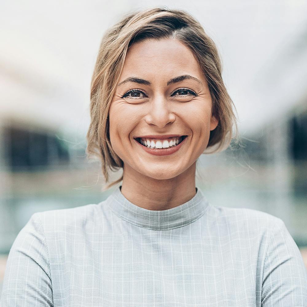 woman with a gray shirt on
