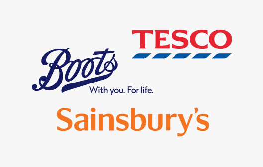 Boots, Tesco, and Sainsbury's logos