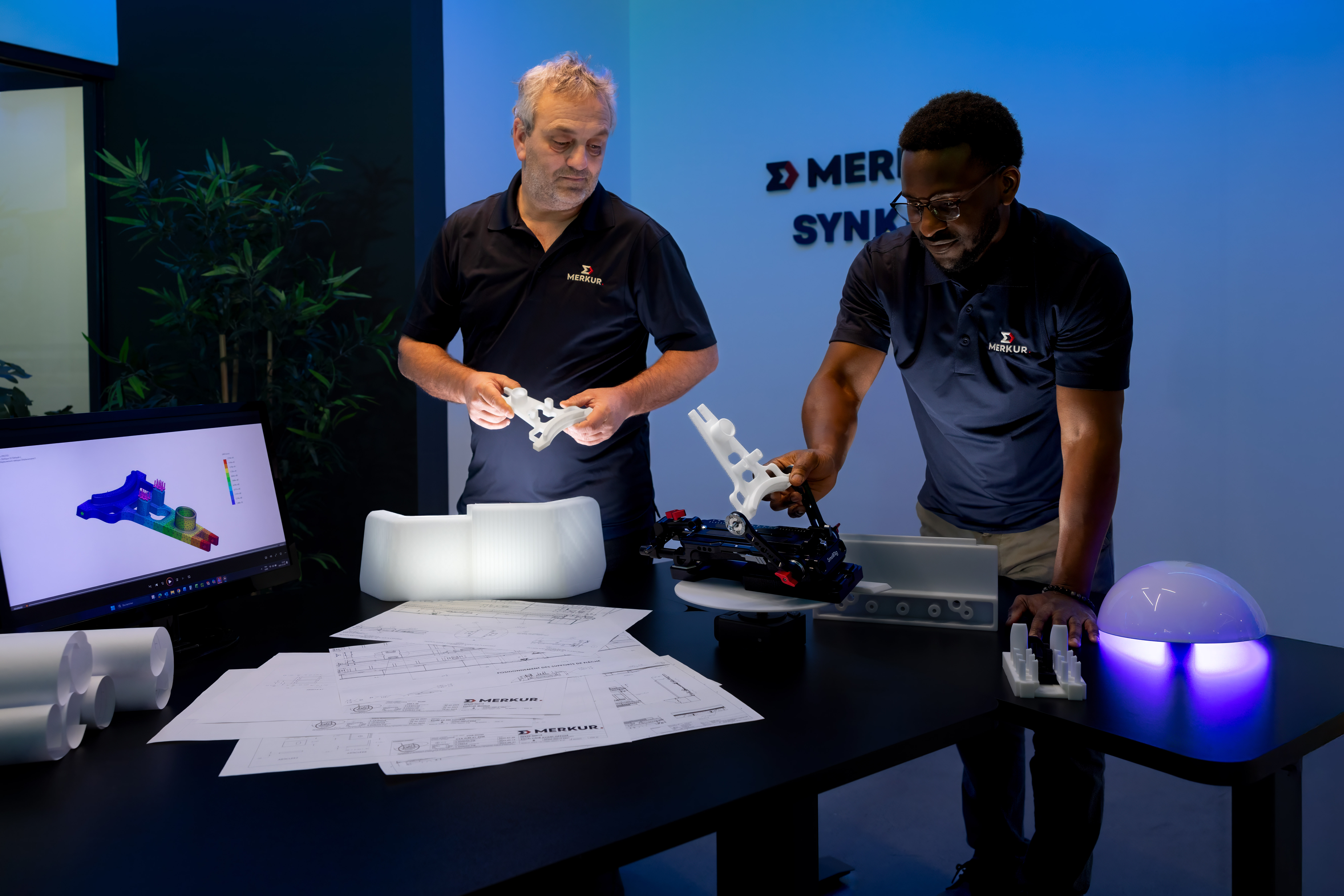 Deux hommes discutent devant un prototype