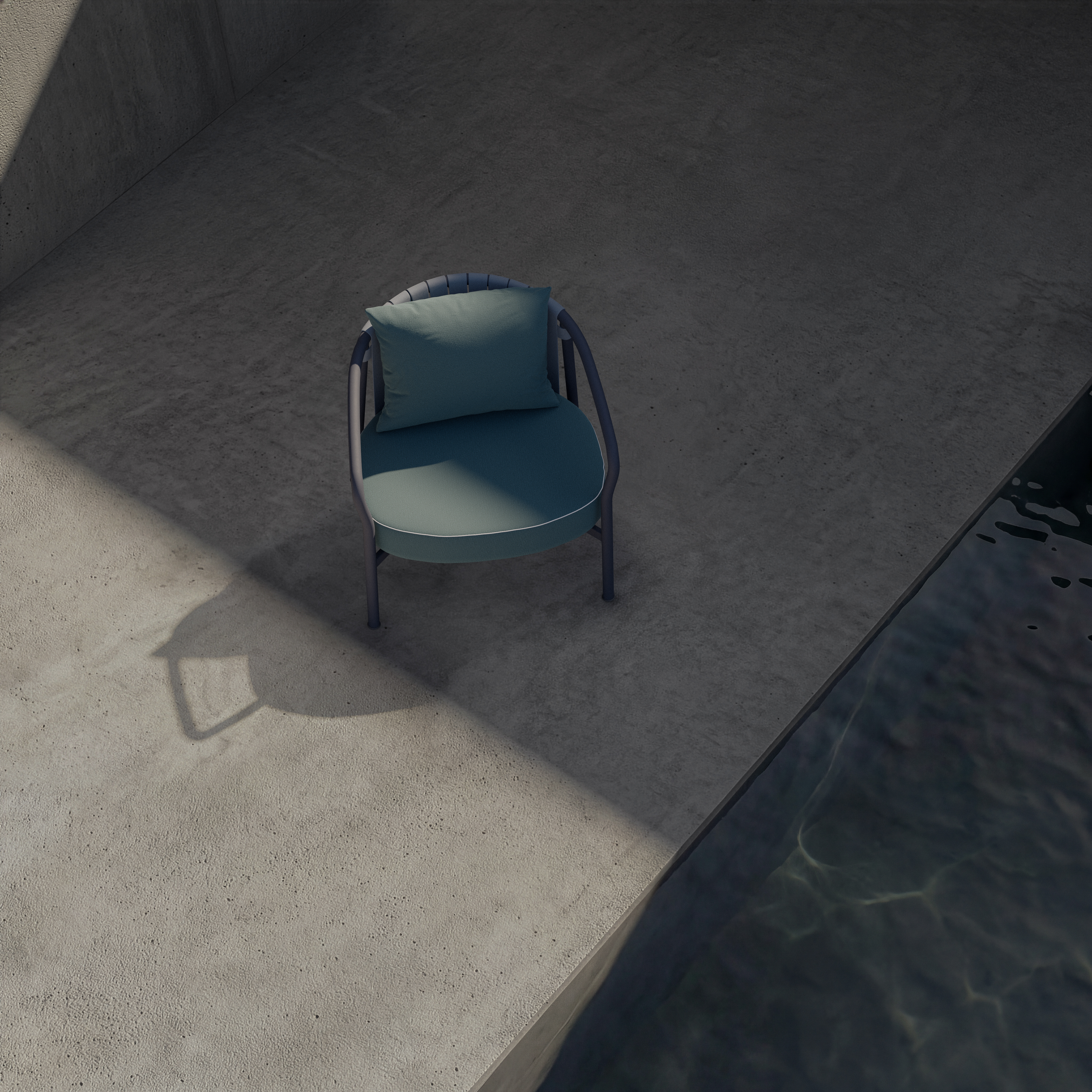 A single modern blue chair with a matching cushion sits on a concrete floor near the edge of a pool. Strong sunlight casts a shadow of the chair and creates contrasting light and dark areas on the surface.