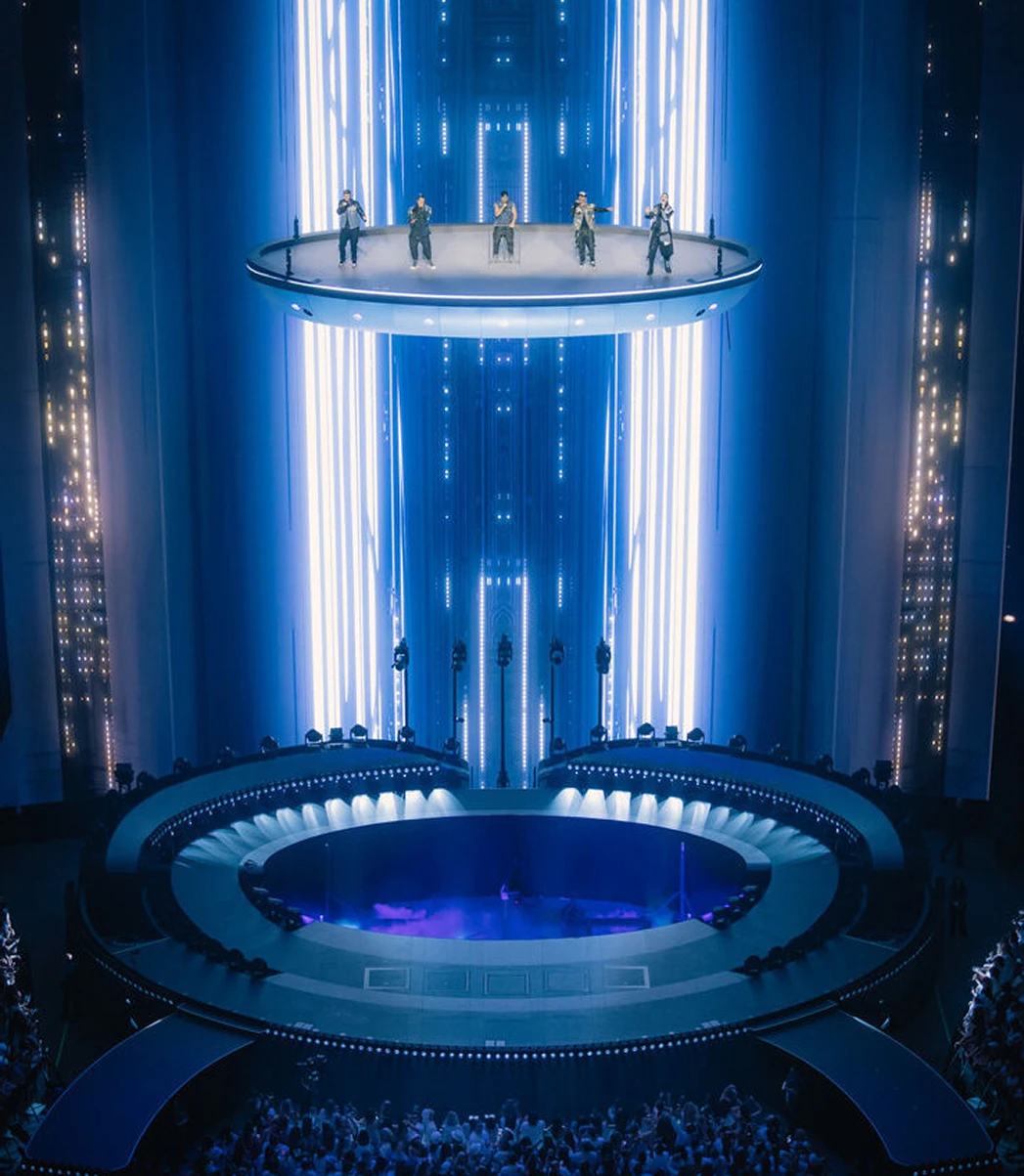 Backstreet Boys - Flying Stage - Sphere Las Vegas Residency - Silent House Backstreet Boys perform on a flying stage with light beam content behind them at Sphere Las Vegas - designed by Silent House