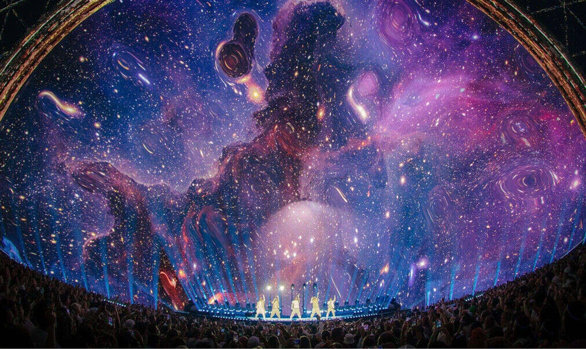 wide shot of Backstreet Boys performing at Sphere Las Vegas amidst immersive starry screens content