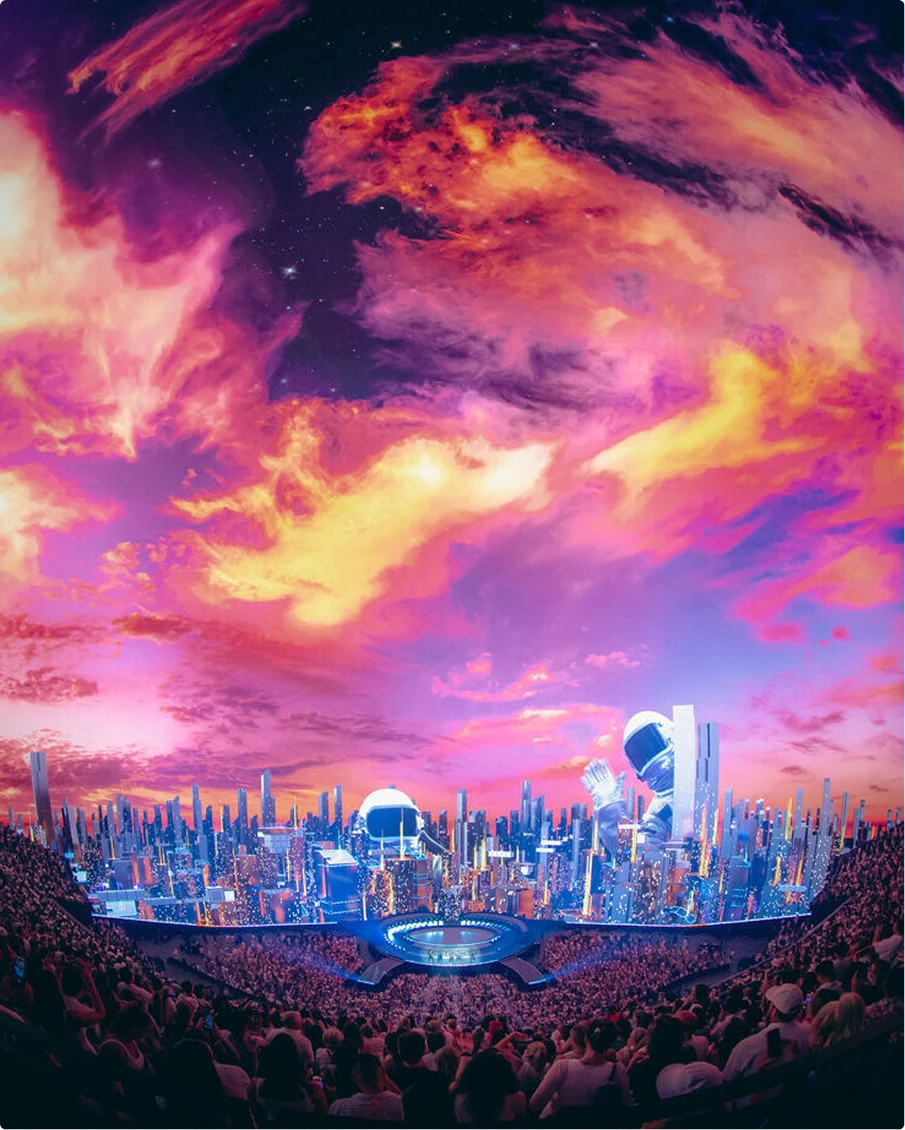 Visuals of sunset clouds metropolis Sphere Las Vegas screen content at Backstreet Boys Into The Millenium residency