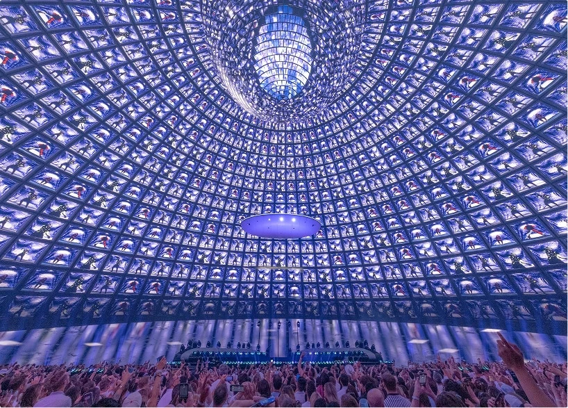 Wide angle lens screen content at Sphere Las Vegas Infinite iterations flying stage Backstreet Boys