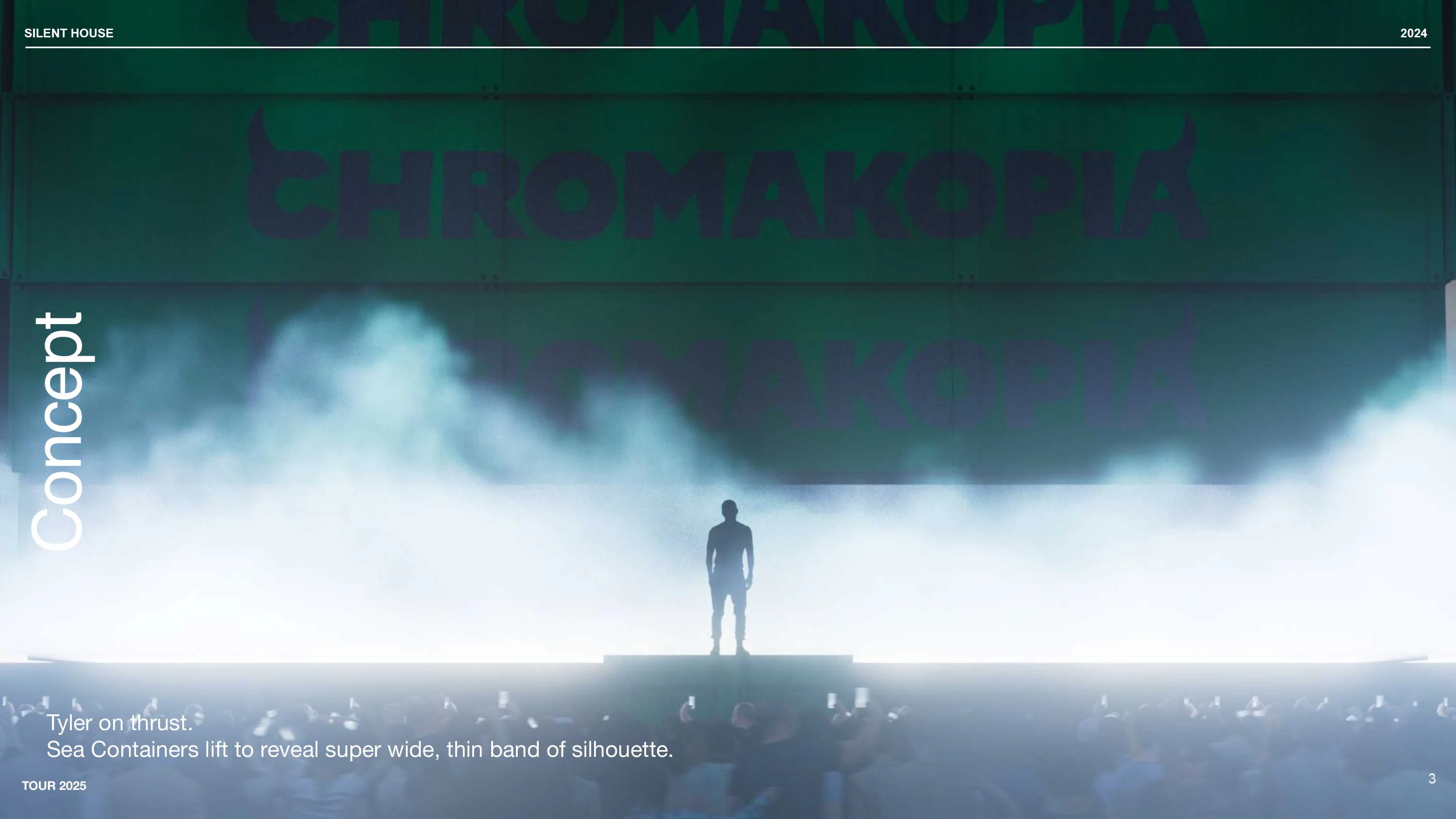Tyler, The Creator - CHROMAKOPIA Tour - Concept by Silent House Studios Concept rendering for Tyler, the Creator's CHROMAKOPIA Tour stage design sea container automation bright light silhouette reveal opening