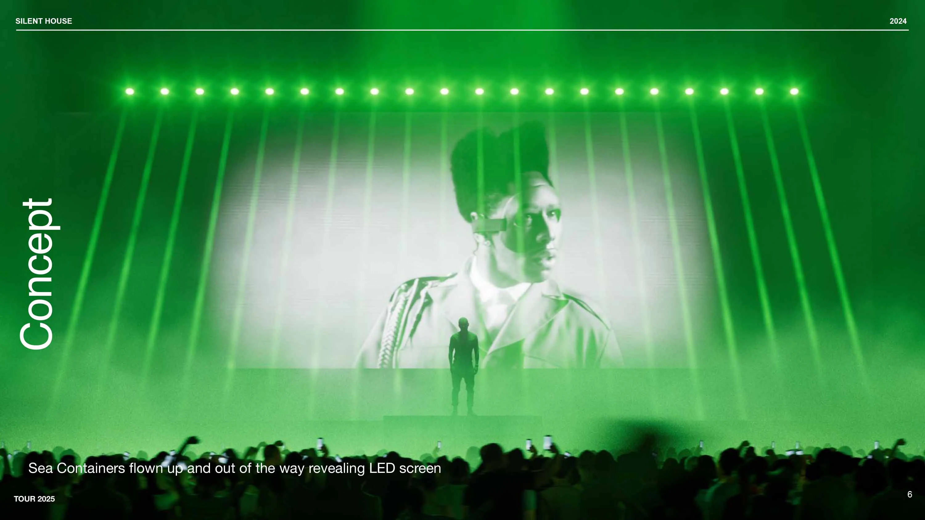 Tyler, The Creator - CHROMAKOPIA Tour - Concept by Silent House Studios Concept rendering for Tyler, The Creator's CHROMAKOPIA Tour green beams of light IMAG screens content