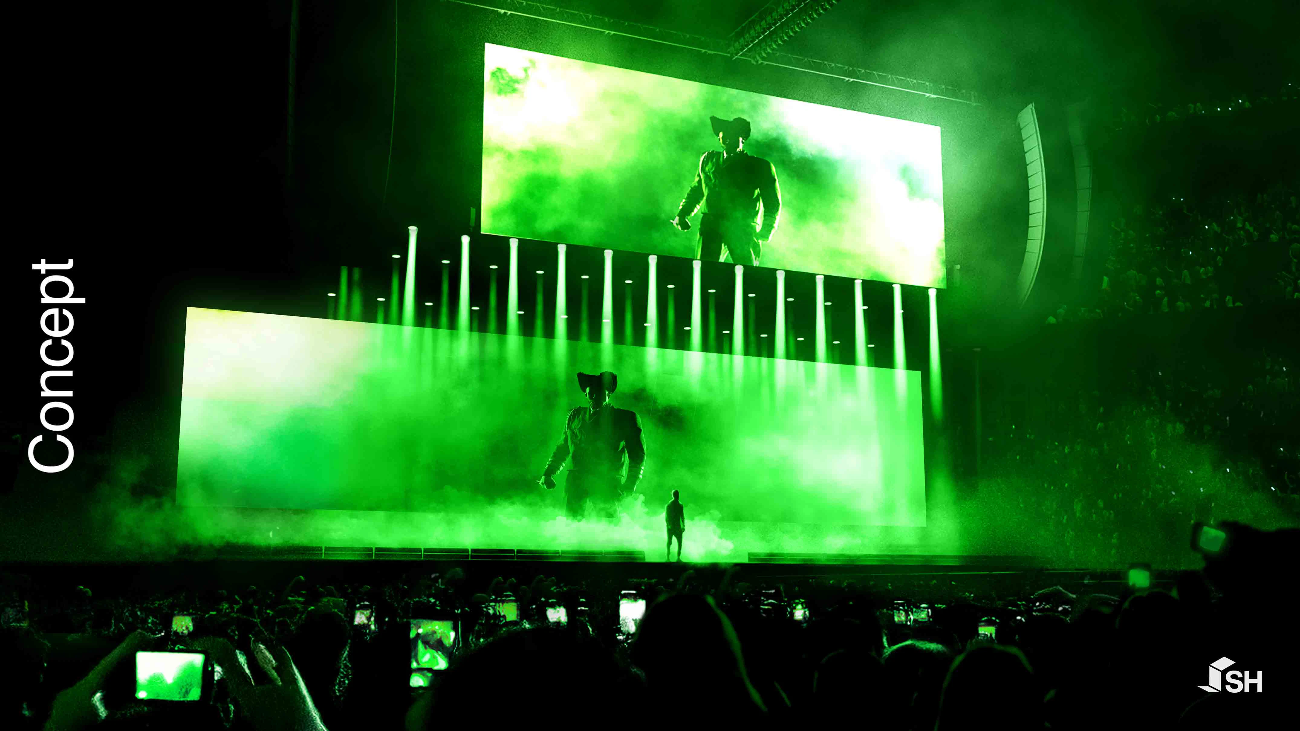 Tyler, The Creator - CHROMAKOPIA Tour - Concept by Silent House Studios Concept rendering for Tyler, The Creator's CHROMAKOPIA Tour green beams low fog IMAG