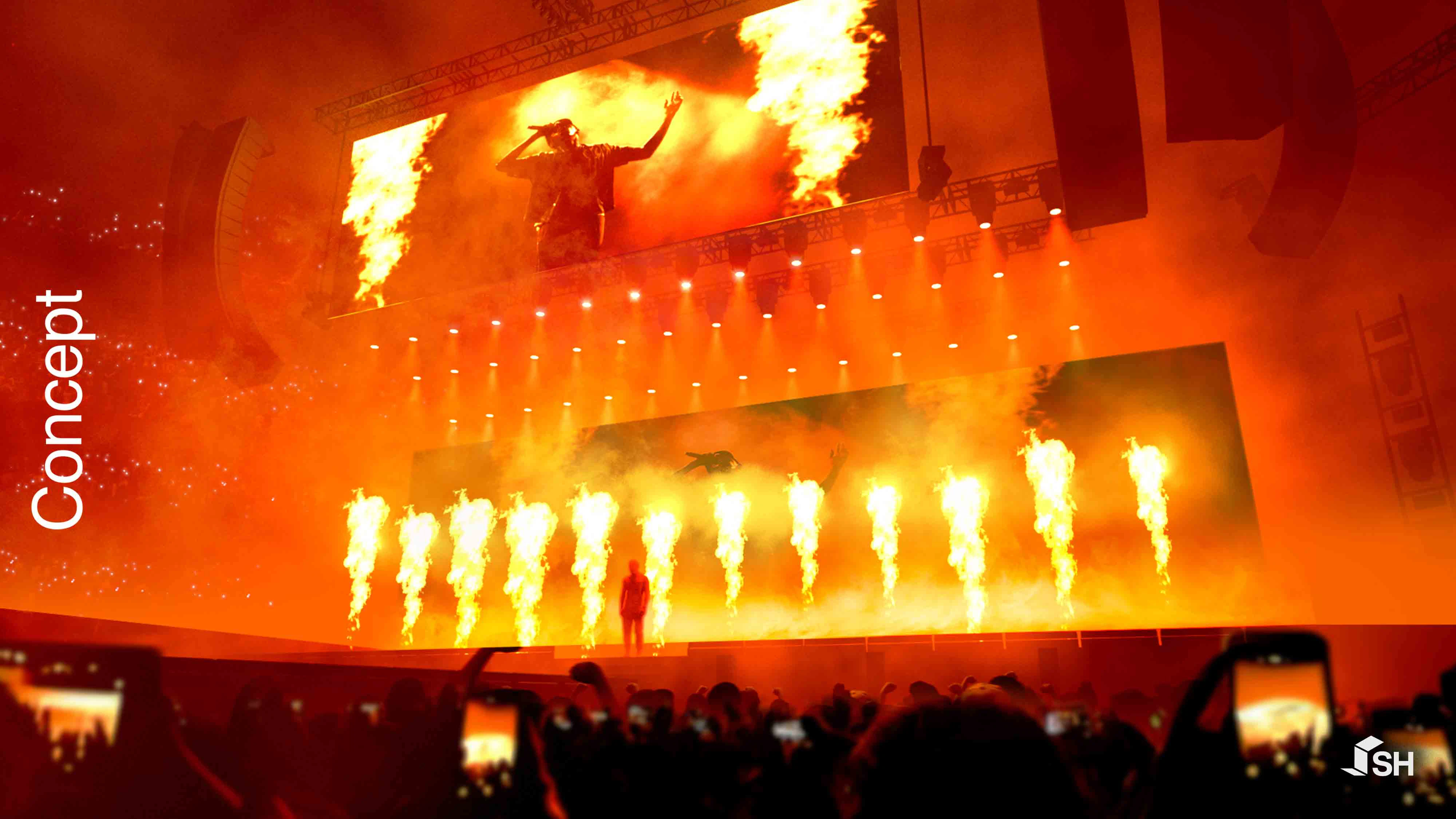 Tyler, The Creator - CHROMAKOPIA Tour - Concept by Silent House Studios Concept rendering for Tyler, The Creator's CHROMAKOPIA Tour red orange amber lighting flames pyro pyrotechnics stage design