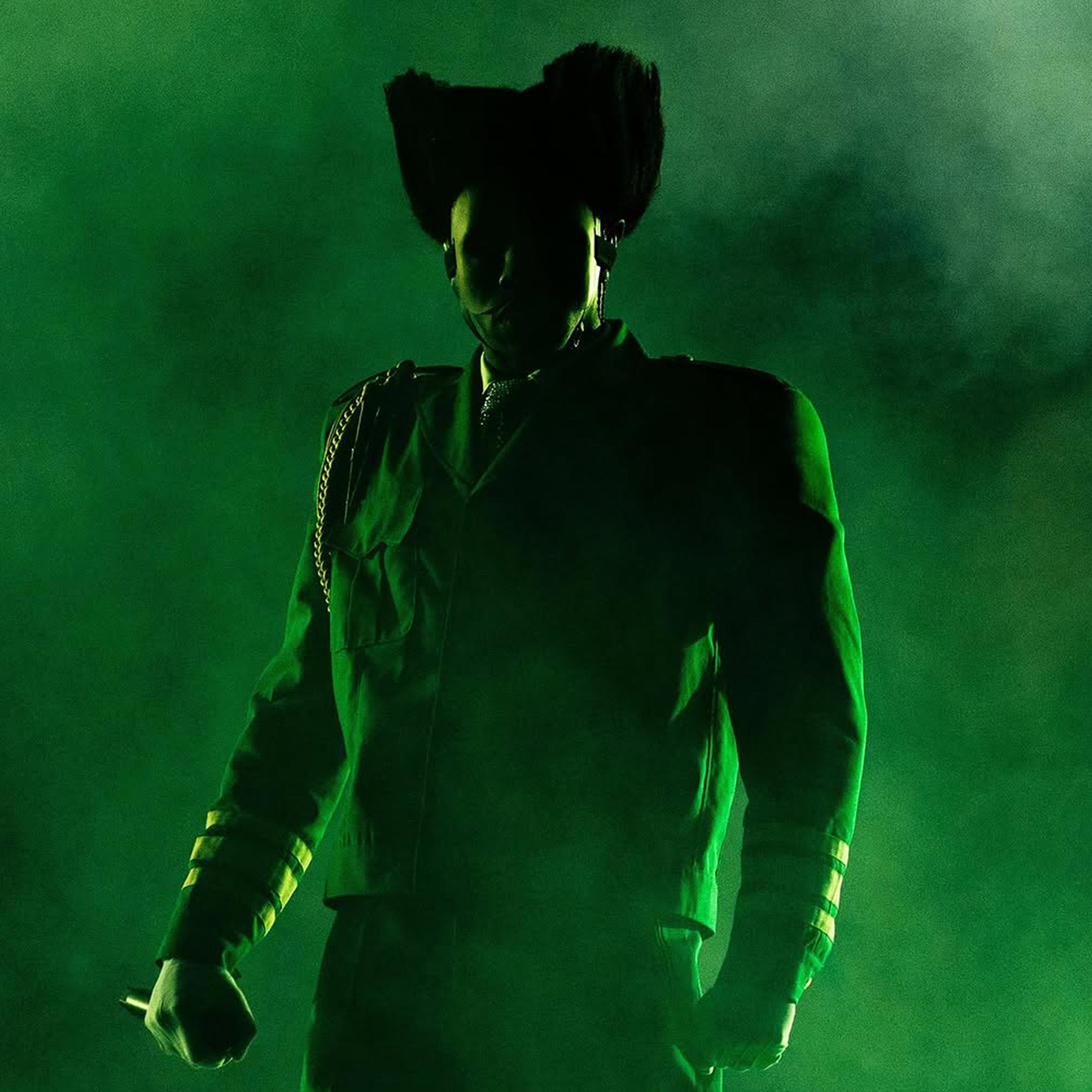 Tyler, The Creator performs at during his CHROMAKOPIA World Tour as a silhouette amidst his signature CHROMAKOPIA green lighting.