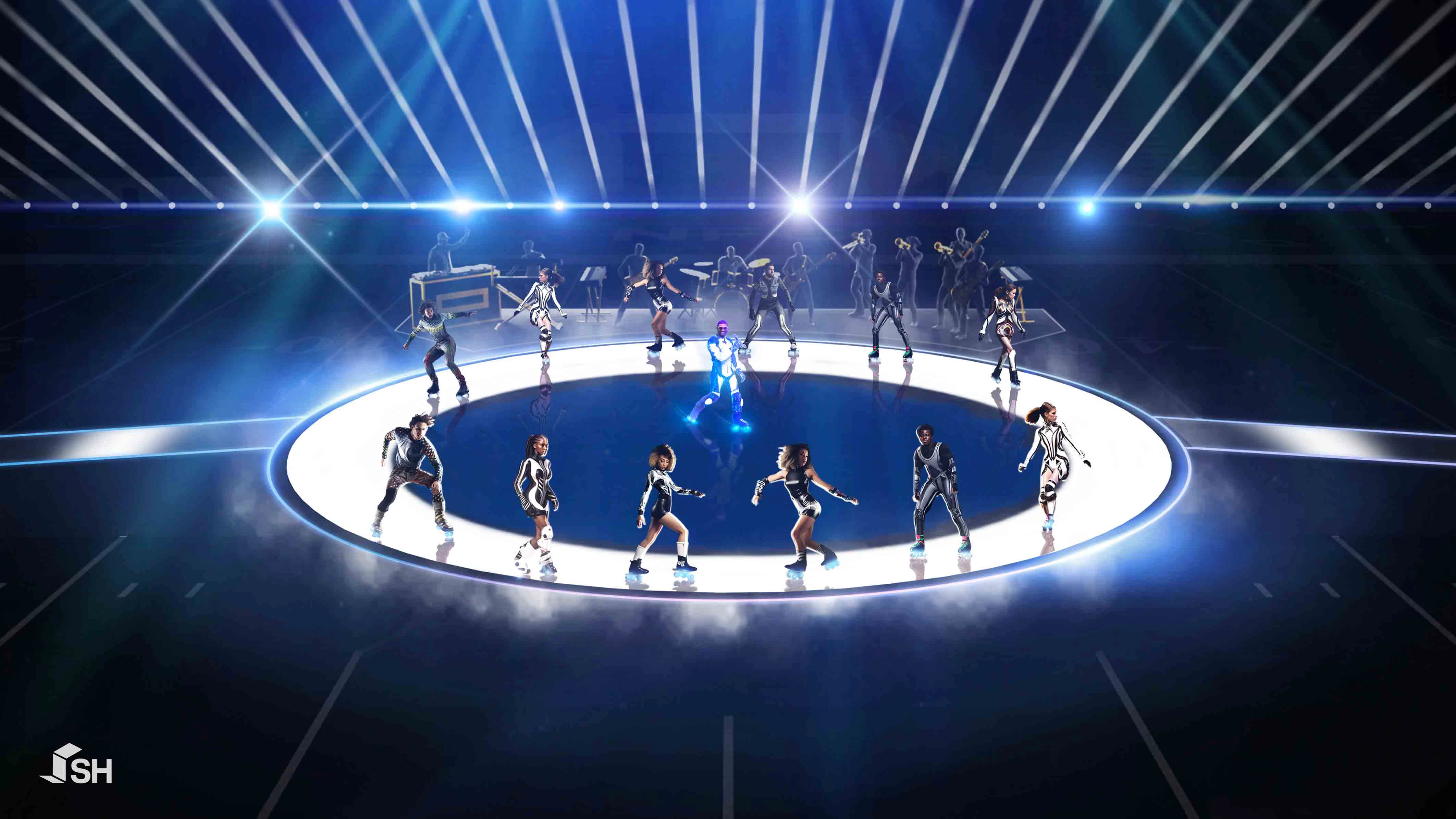 Usher and dancers stake around stage in this storyboard render by Silent House Studios..