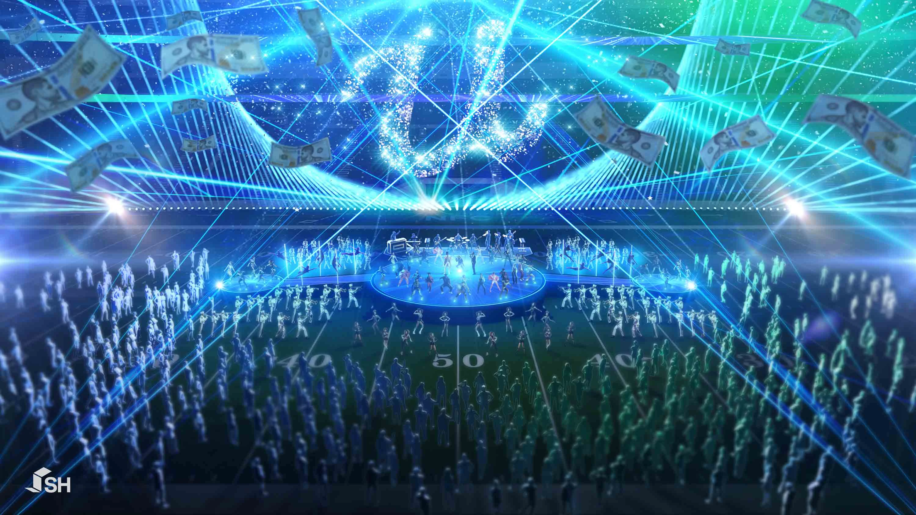 Dollar bills fly lasers dancers finale performance concept storyboard render by Silent House Studios.