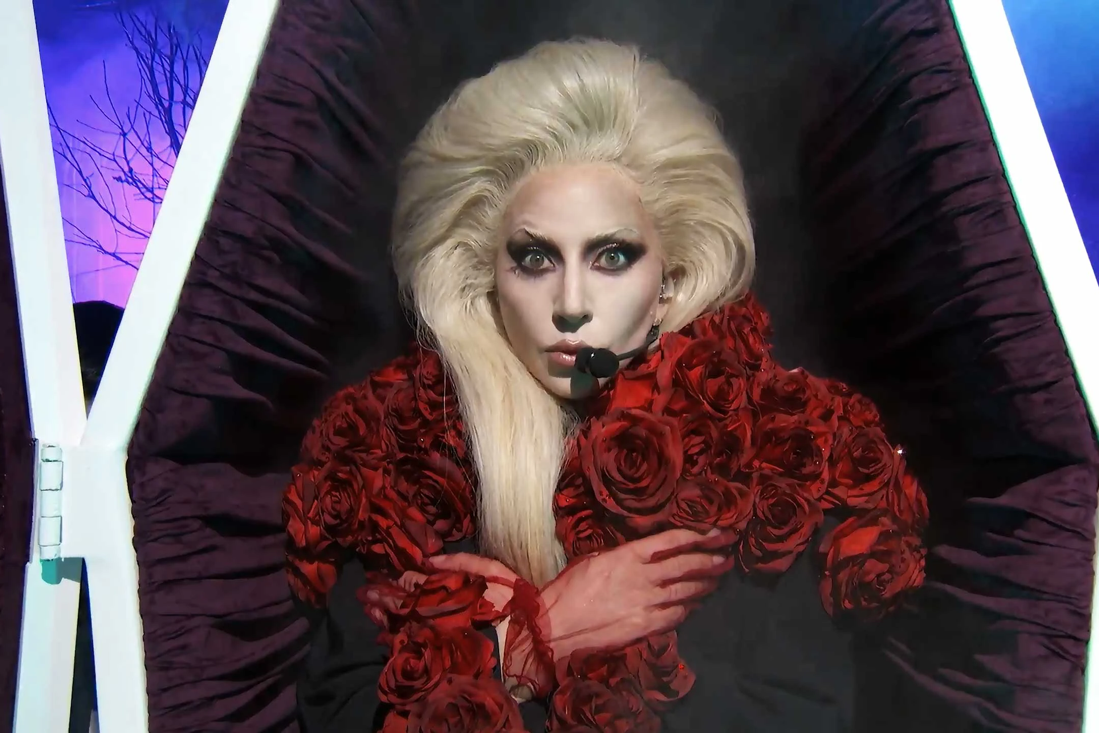 Lady Gaga - Netflix Tudum 2025 - Silent House Lady Gaga in a coffin covered in red roses as she performs at Netflix Tudum 2025