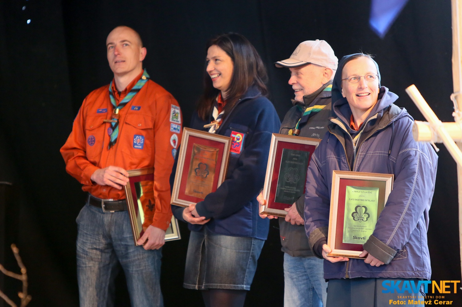 Prejemniki zlate skavtske lilije in zlate skavtske deteljice (od leve proti desni): Simon Drnovšek, Uršula Sušnik, Tone Lesnik in s. Marija Pija Cevc.
