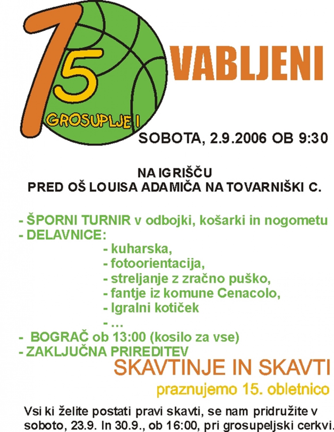 Plakat/Vabilo na praznovanje 15. letnice stega Grosuplje 1