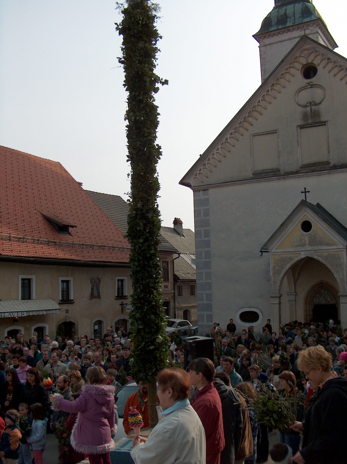 Fotografije izdelovanja in blagoslova butare velikanke, ki je nastajala pod rokami skavtov stega Škofja Loka 1