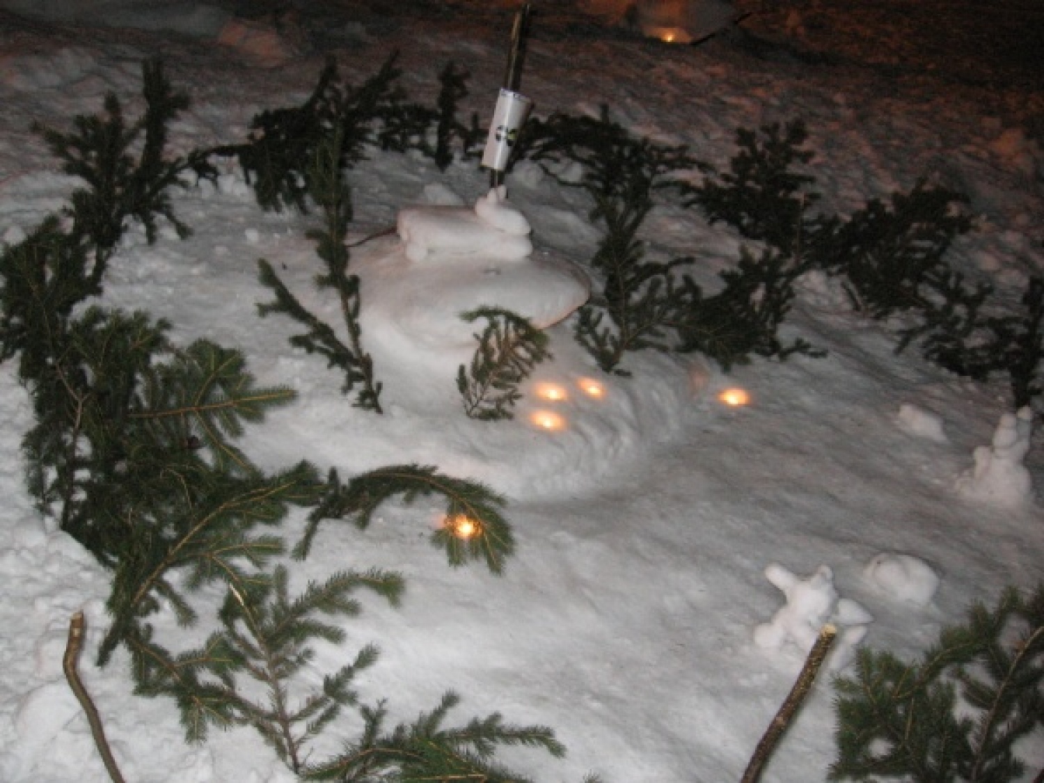 Na slikah lahko vidite trenutke iz skavtske maše. Udeležili so se jo lahko (za skavte je bila obvezna ;-)) tudi starši, dedki, babice in razni hišni ljubljenčki, če le niso bili preveč zmrzljivi. Slikane so tudi naše korenine - s snega. Kar naglejte se jih; Če ne verjamete, da so jih naredili skavti, lahko pokukate še na stran http://celje1.skavt.net ,kjer imamo vse črno na belem. Na koncu pa so nas obiskali čisto pravi Grajski bruhalci ognja.